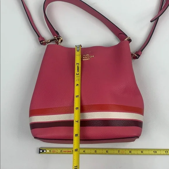 Coach Small Town Bucket Bag crossbody Pink White Red Striped Gold Zip pocket - Picture 9 of 16